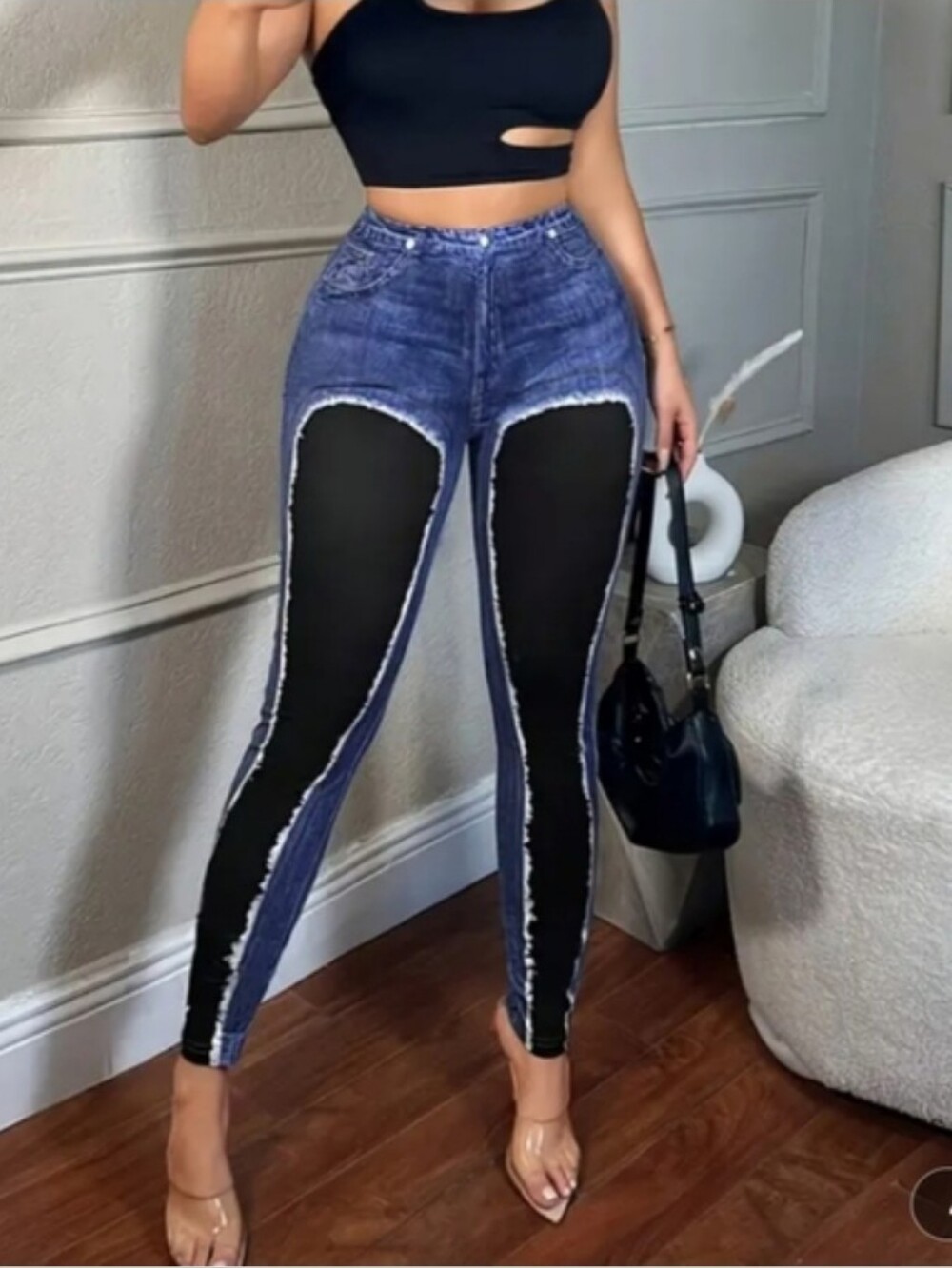 Blue And Black Denim Printed Women's Leggings